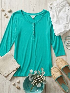 Laura Ashley Teal 3/4-Sleeve Henley Top